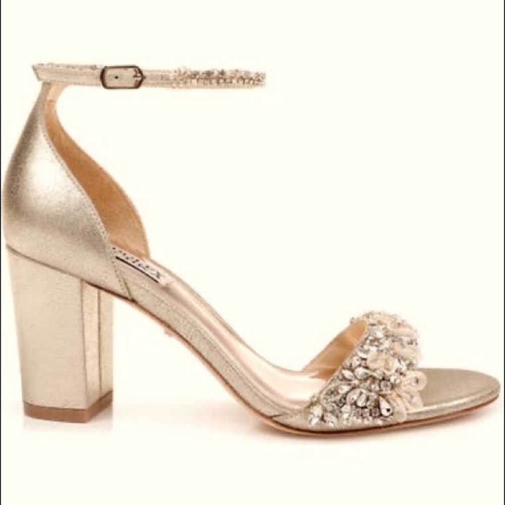 Badgley Mischka Gold Embellished Block Heel Sandals